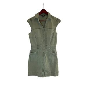 PAIGE Utility Button-Front Mini Dress Size 6 Olive Green Stretch Shirt Dress